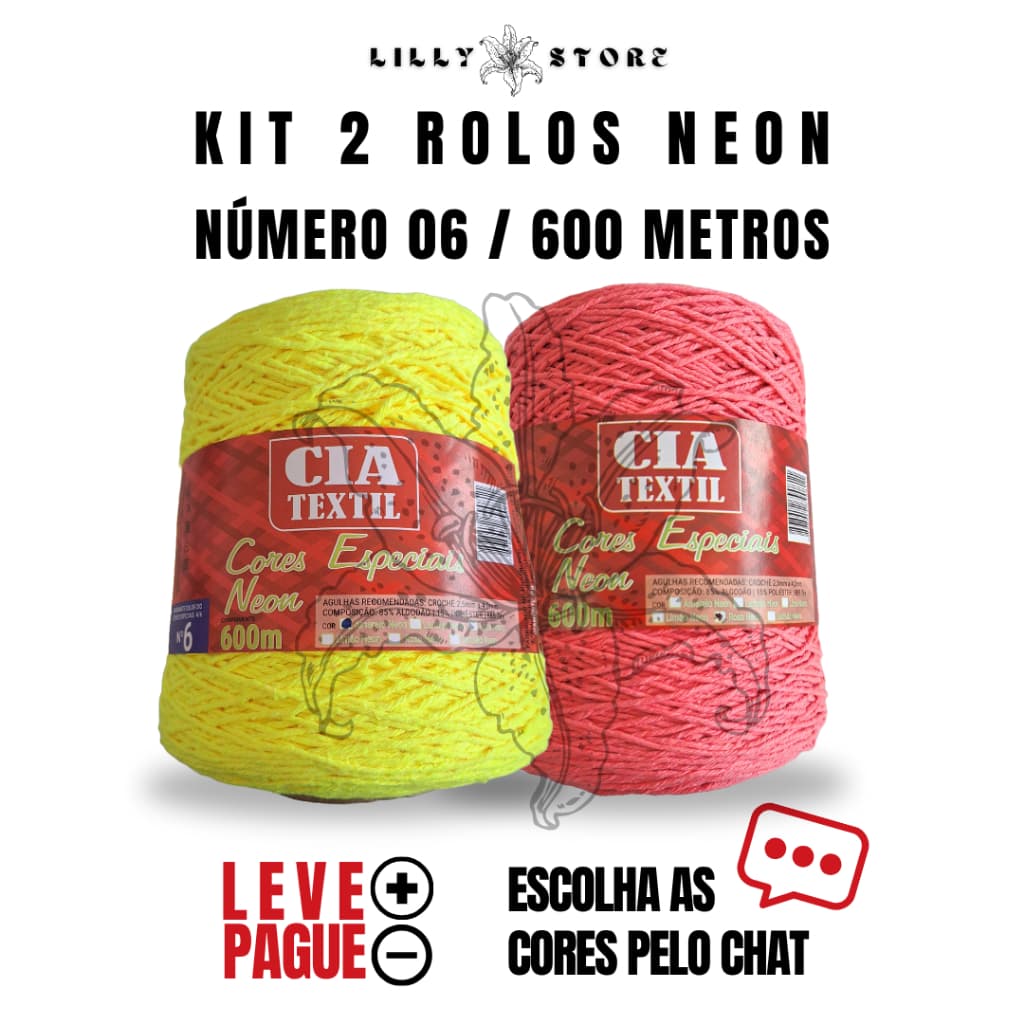 Kit 2 Rolo Barbante Número 6 Fio Neon Para Crochê Tricô 600g Cada