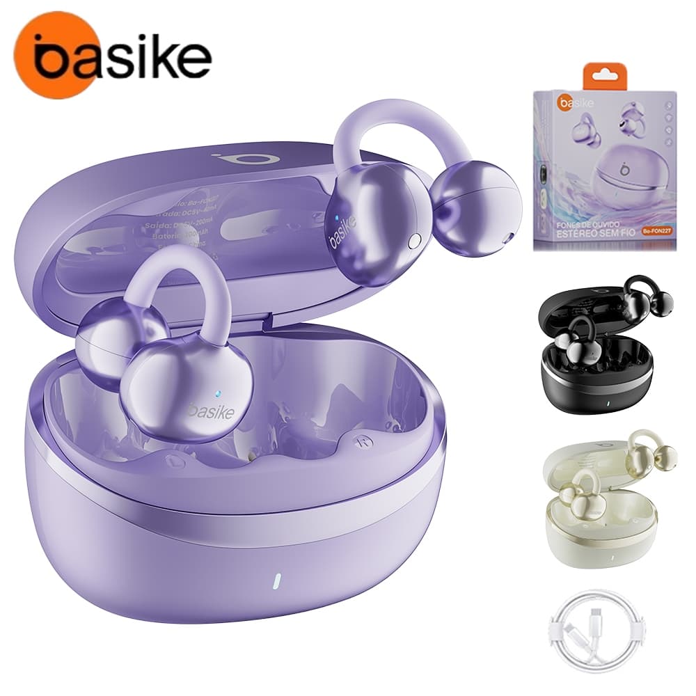 BASIKE fones de ouvido sem fio Ear clip-on bluetooth Fone Alta Fidelidade Estéreo Baixo Esportes Com Mic - Roxo