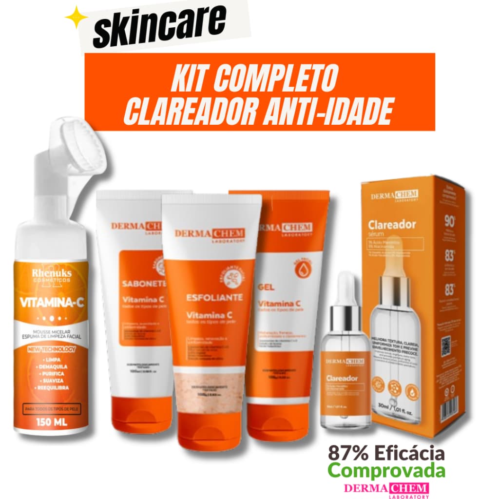 Kit Skincare Anti Idade Vitamina C Dermachem+ Sérum Clareador+ Mousse Micelar Vitamina C Rhenuks