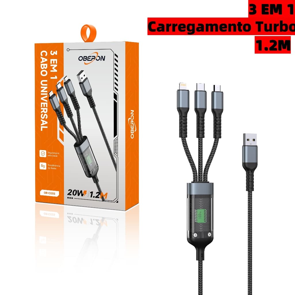 Cabo 3 Em 1 Turbo 20W De Liga De Zinco Super Rápido USB Proteção Para V8/ Tipo C / IPPhone