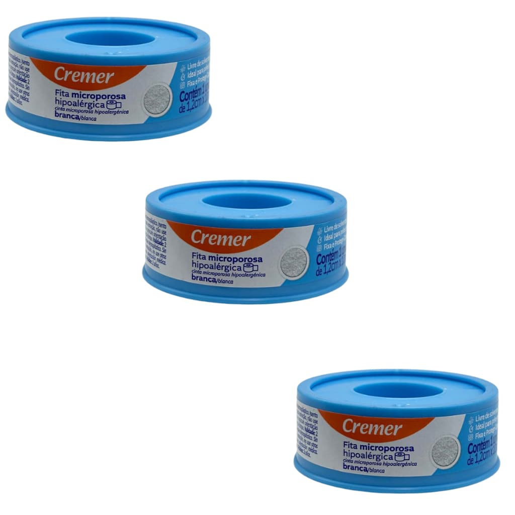 Kit 3 Fitas Microporosa Cremer 1,2cm x 10m Branca Hipoalergênica Hospitalar