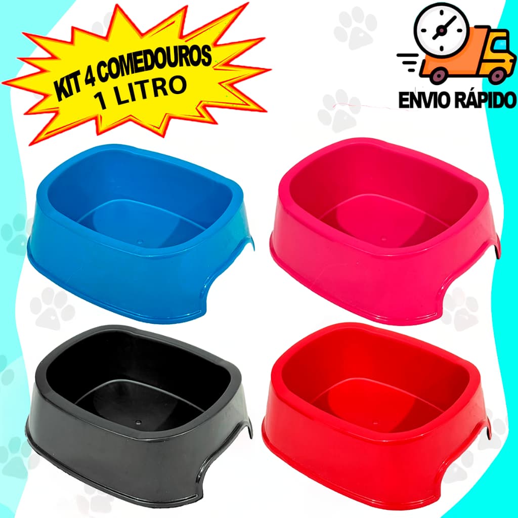Kit 4 Comedouros Pote de Ração e Água Grande 1Litro Cachorro Médio Grande Porte