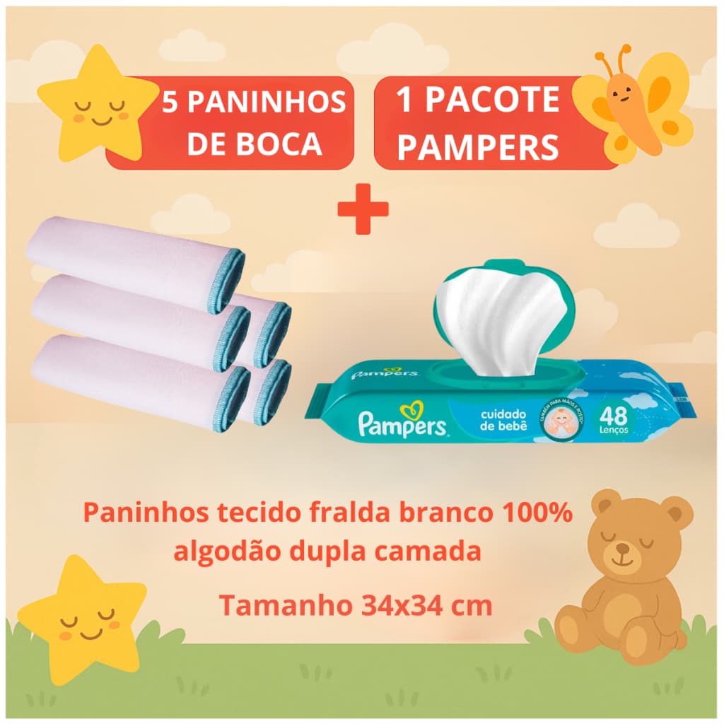 Kit 1 Lenço Umedecido Pampers + 5 Paninhos de Boca Bebê Fralda 100% Algodão Babete Toalha