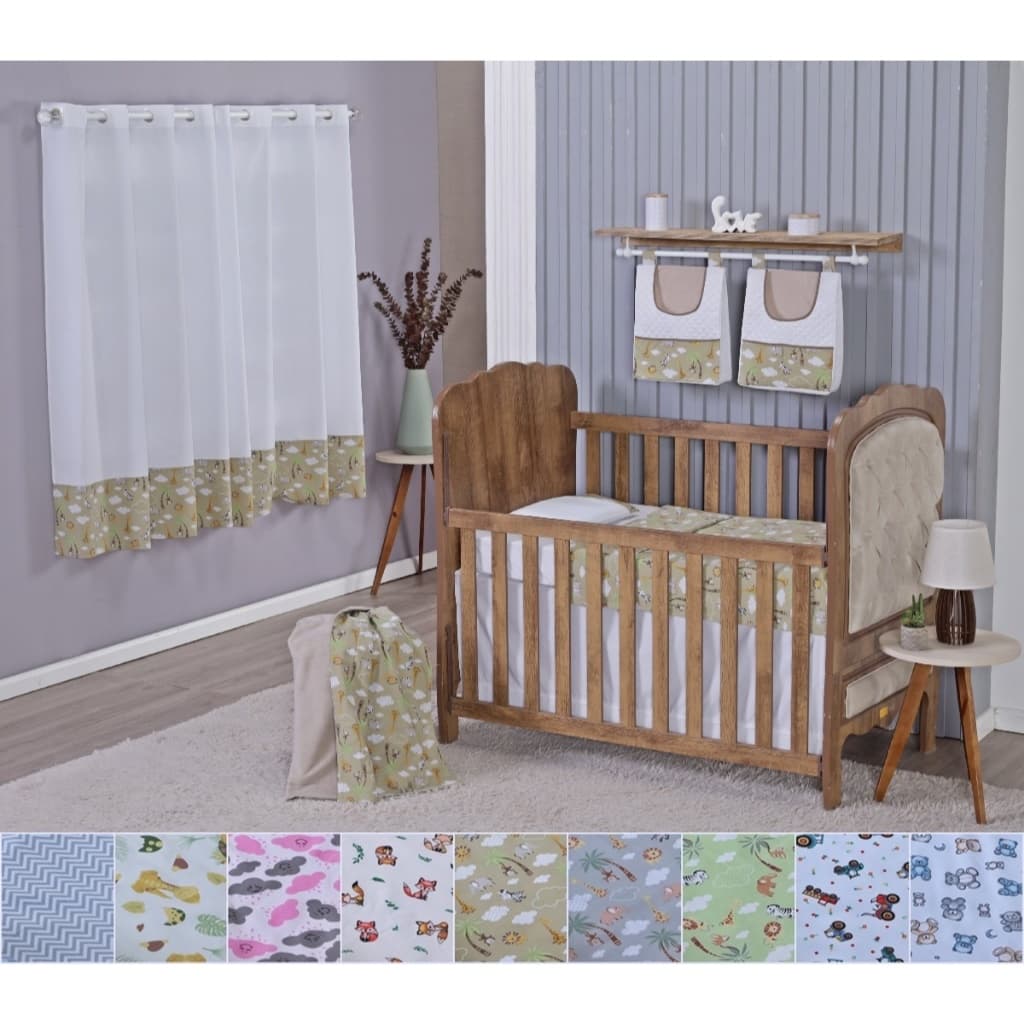 Enxoval de Bebe Kit de Berço Americano Cortina Algodão Menino Menina 7 Peças
