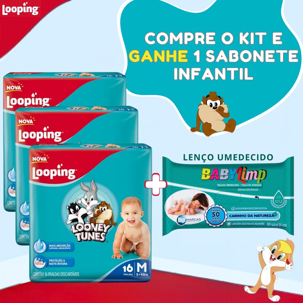 Kit de Fralda 3 Pacotes Looney Tunes + Lenço Umedecido Babylimp