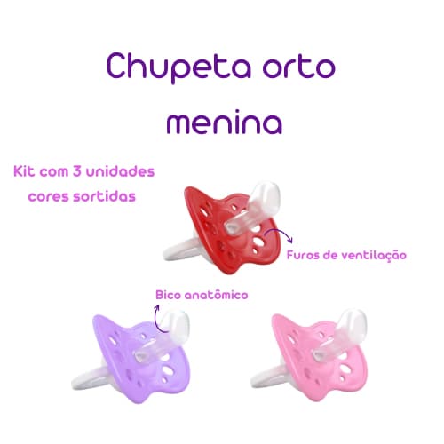 Kit Chupetas ventilada anatômica bico ortodôntico Cores Sortidas KIT COM 3 UNIDADES chupeta Mamita