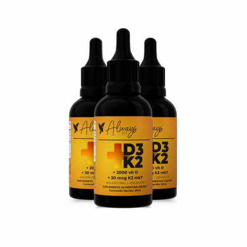 Vitamina D3+K2 (MK-7) em Gotas - 2000 UI D3 e 30 mcg K2 por Dose - 20ml - 3 Unidades