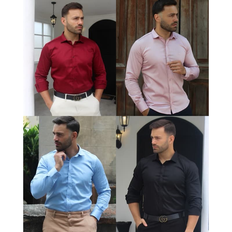 Camisa Acetinada Masculina Premium Manga Longa Social Gola Colarinho Botão Punhos Slim