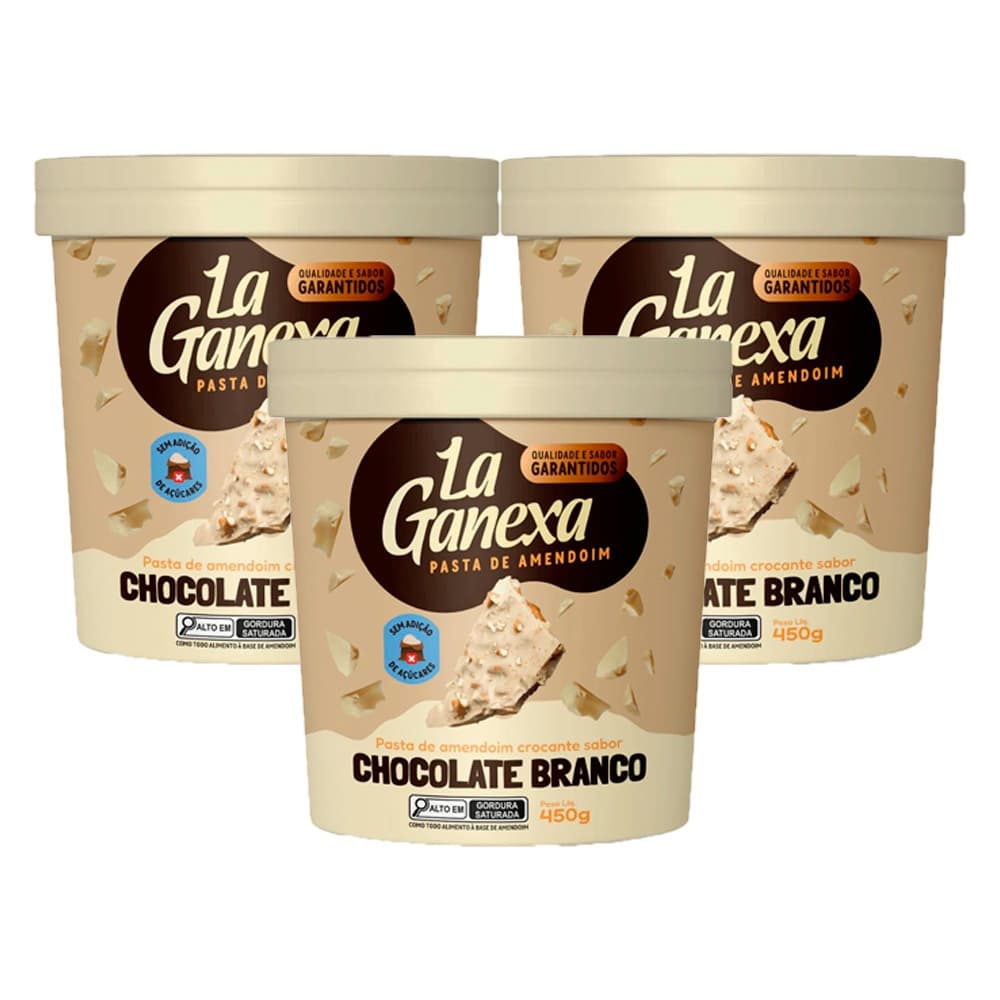 Kit 3 Pasta Amendoim Chocolate Branco 450g La Ganexa Integral Gourmet zero açucar Whey Protein