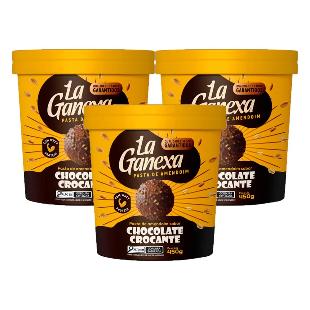 Kit 3 Pasta Amendoim Chocolate Crocante 450g La Ganexa Integral Gourmet zero açucar Whey Protein