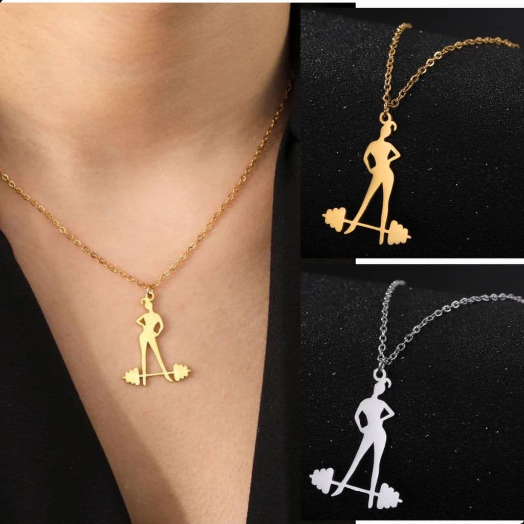 Colar Fitness Feminino Aço Inox Corrente Feminina Pingente Halter Academia Mulher com Barra de Peso