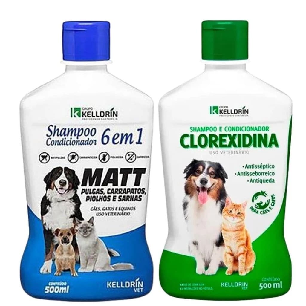 Kit 2 Shampoo para Cachorro Condicionador Matt Pulgas + Clorexidina Kelldrin Pet Cães e Gatos 1und de cada