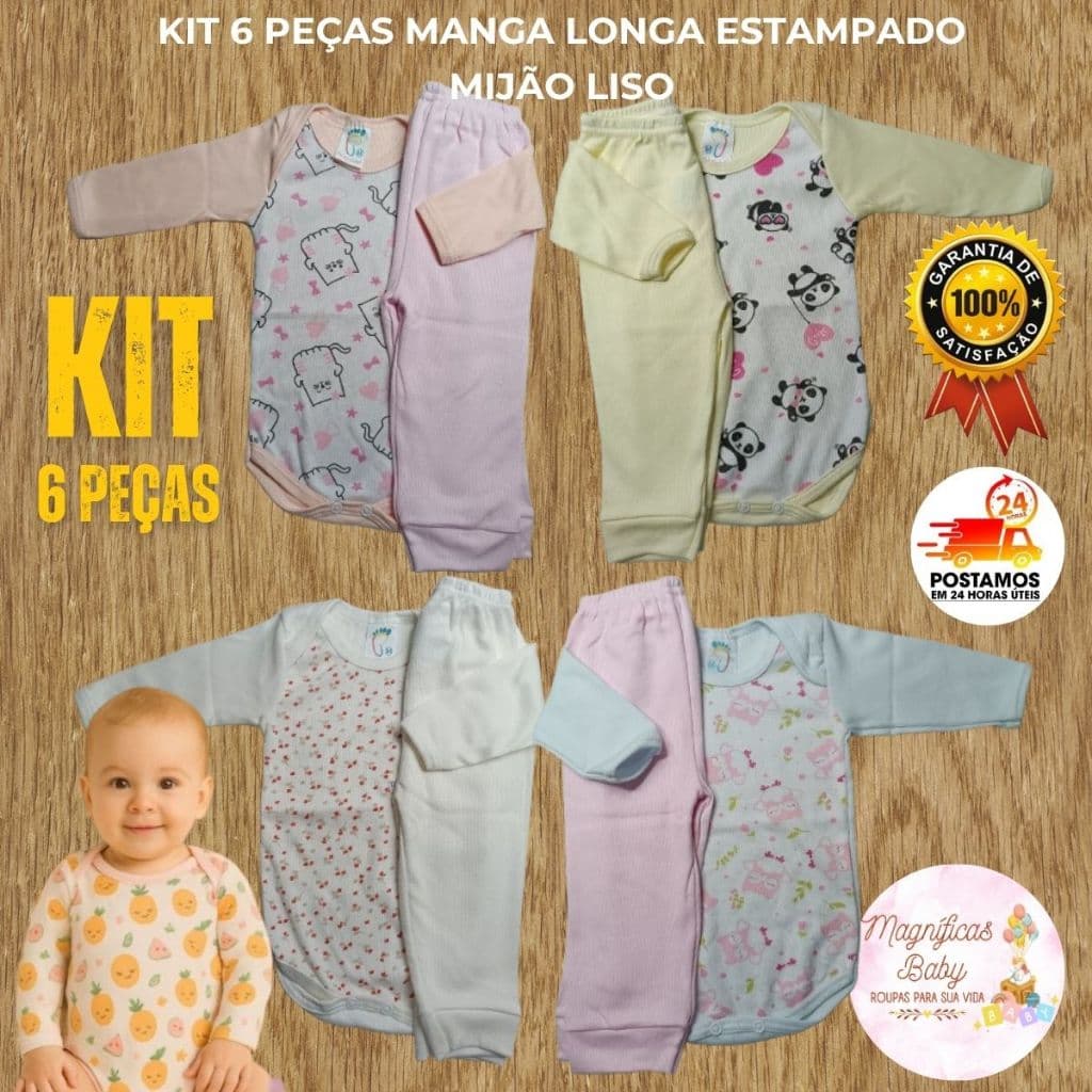 Kit 6 Peças Roupas de Bebê Menina Body Manga Longa Estampado e Mijão Liso Body Estampado Bebê Confortável