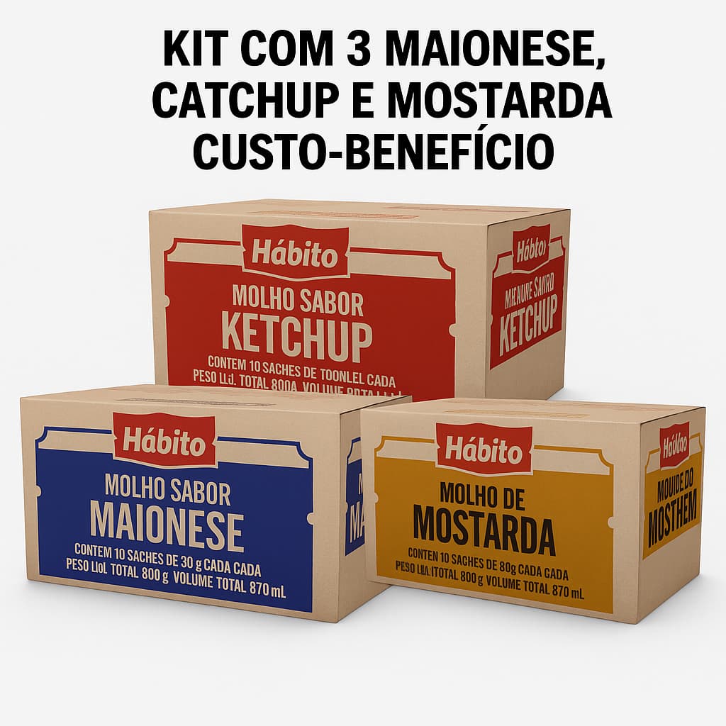 KIT 3 em 1 Sache  1 Molho De Ketchup, 1 Maionese E 1 Mostarda Qualidade Premium - Hábito 420 saches