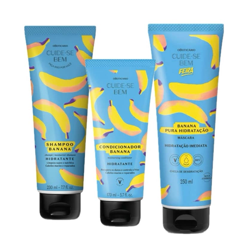 Kit Cuide-se Bem Feira Banana: Shampoo 230ml + Máscara Hidratante 250ml + Condicionador 170ml