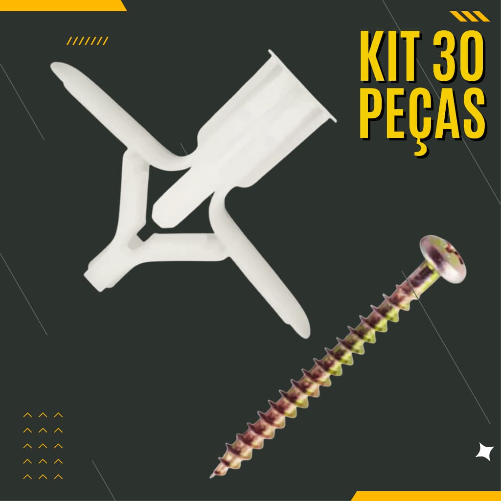 Kit 30 Bucha Drywall Gesso Ancora com Parafuso Profissional Completo Casa Reparo Fixação Painel