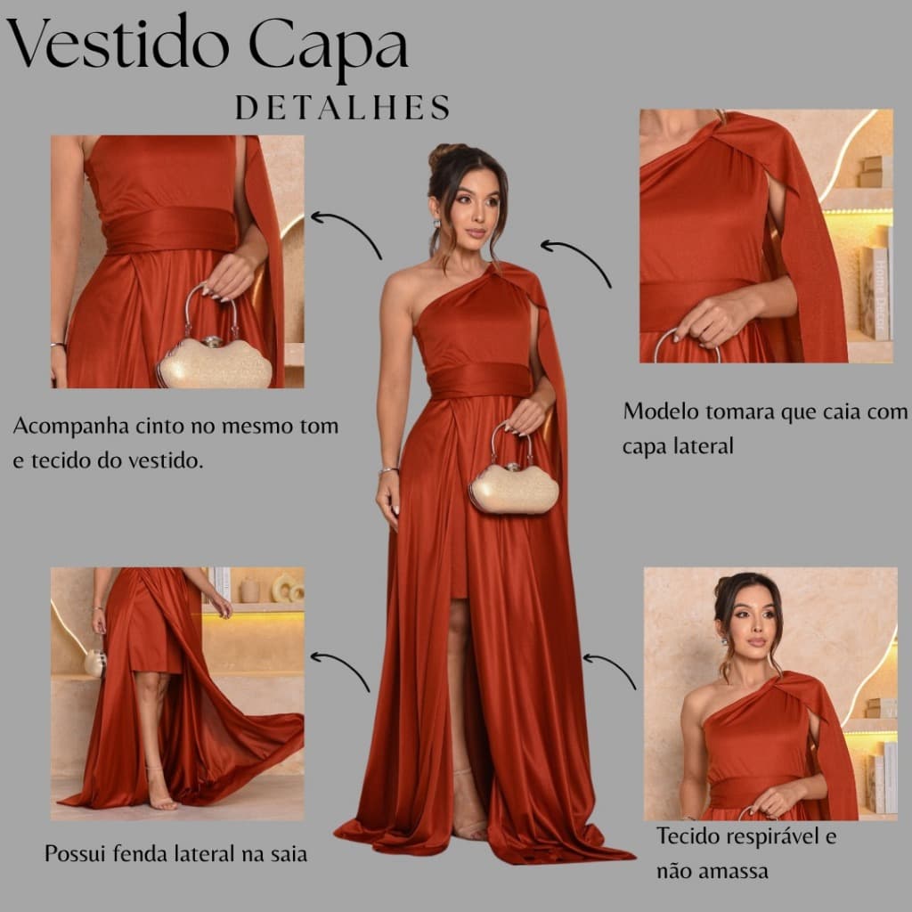 Vestido Feminino Longo com Capa Festa Casamento Formatura Madrinhas