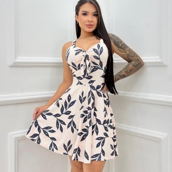 Vestido Feminino Estampado Rodado Alcinha com Bojo Amarração Frente  Soltinho Dia Dia