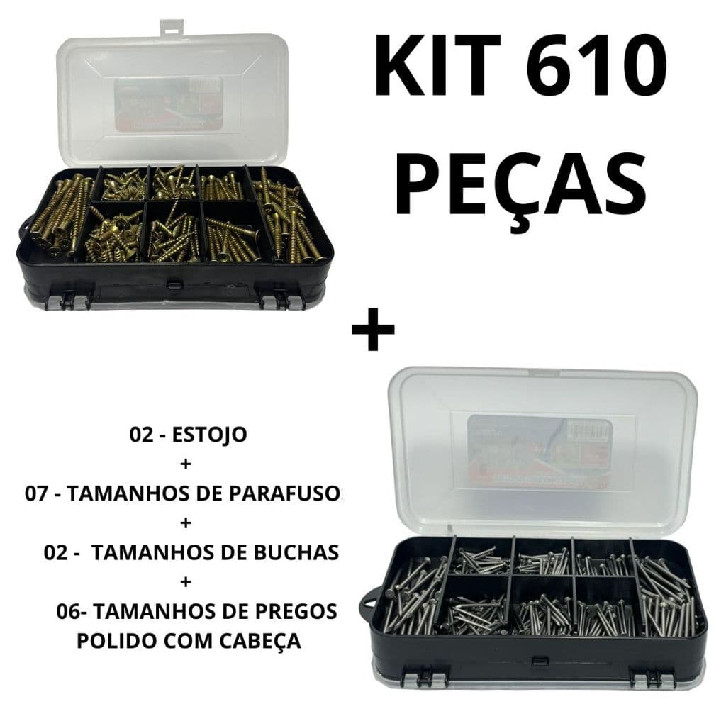Kit Completo C/ Parafusos, Buchas, Pregos e Estojo (610 peças)