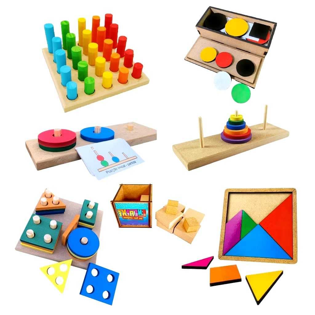 7x Brinquedos Educativo Torre Hanói+Teste Token+Torre Londres+Pino De Encaixe e Mais Kit Completo Educativo Montessori