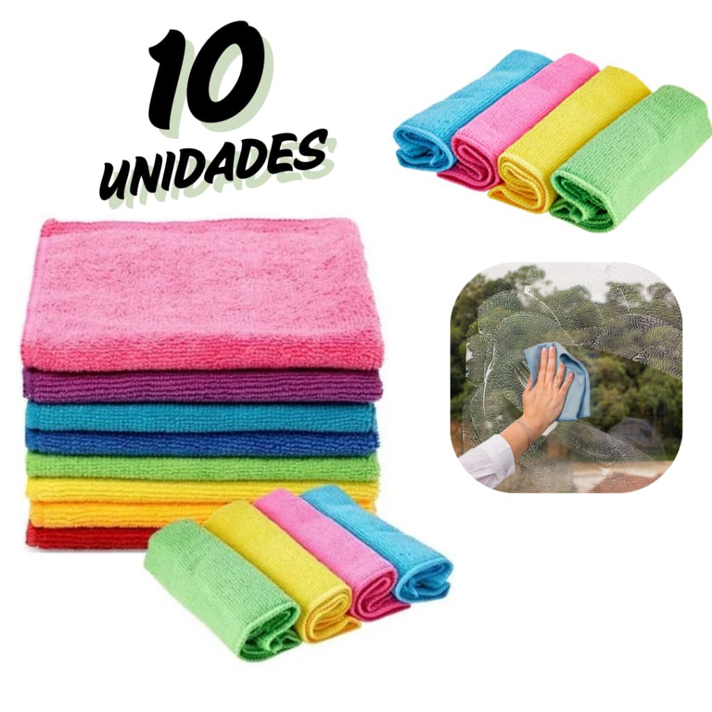 Kit 10 Panos de Limpeza Microfibra Flanela – Vidros, Carro e Uso Doméstico