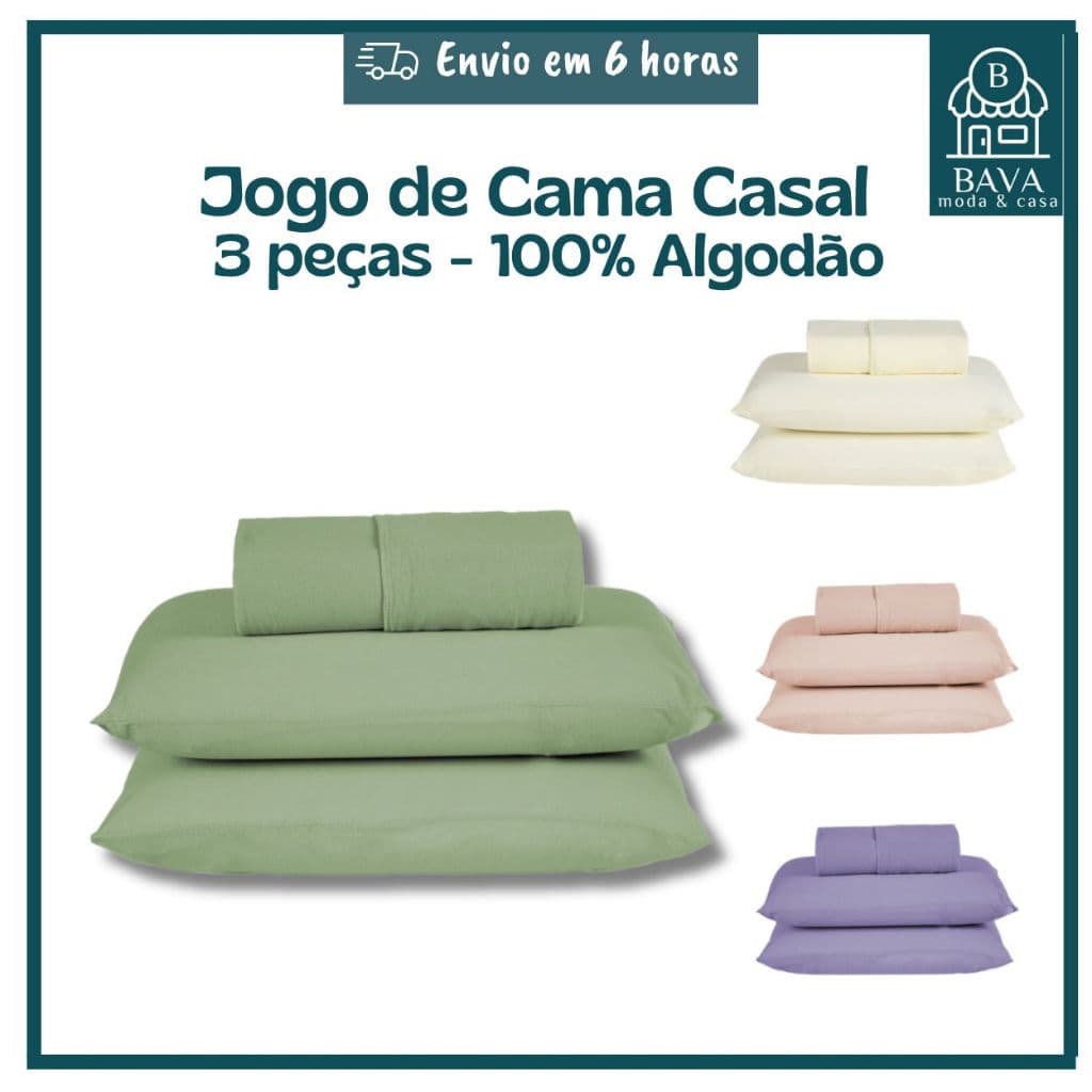 Jogo de Cama Casal Malha 100% Algodão kit 1 Lençol com Elástico e 2 Fronhas Lisa