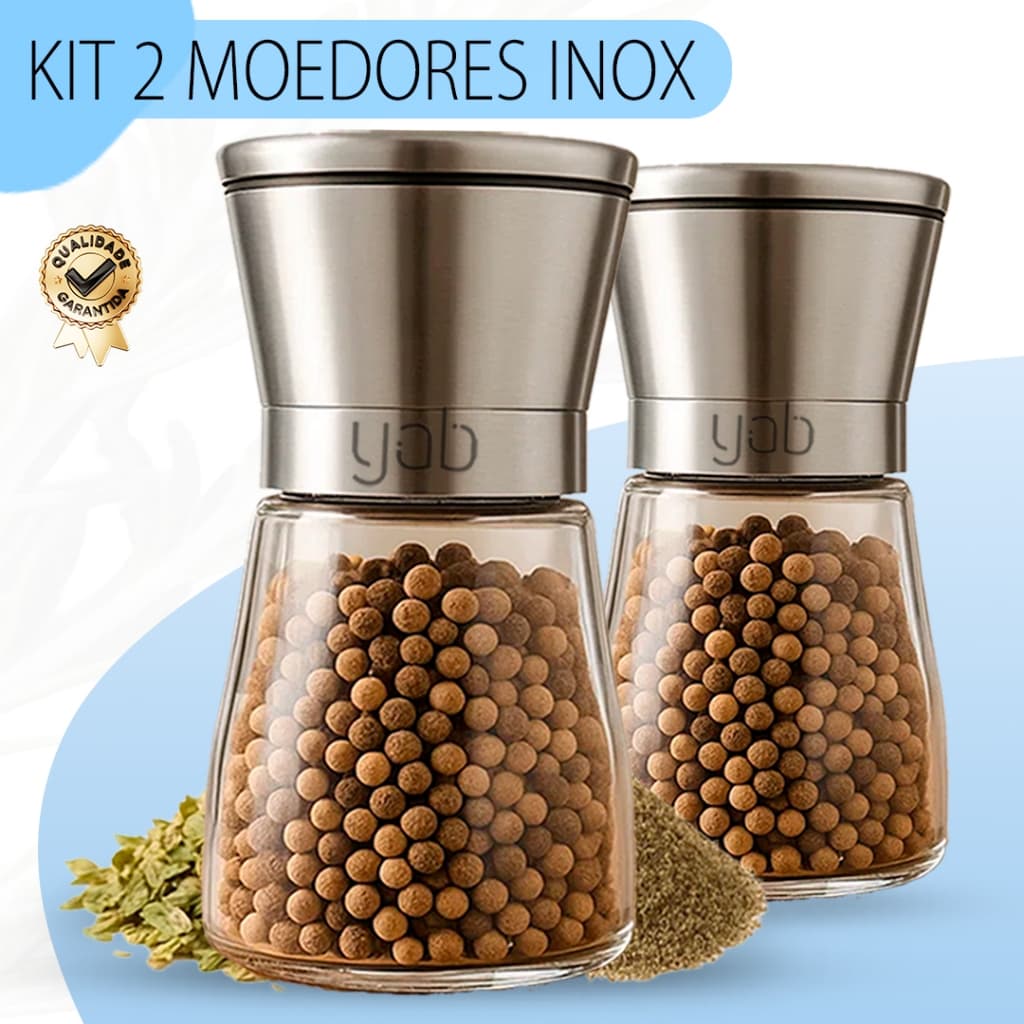 Kit 2 Moedor De Pimenta Manual Tempero Sal Vidro Inox Yab Aço Escovado ou Preto