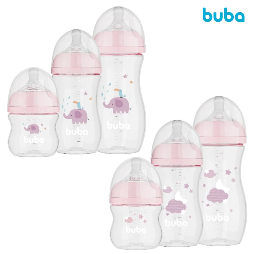 Kit 3 Mamadeiras Buba Pétala Easy Flow Rosa Anticolica Bico Silicone ultrasoft 120/270/330mL Menina