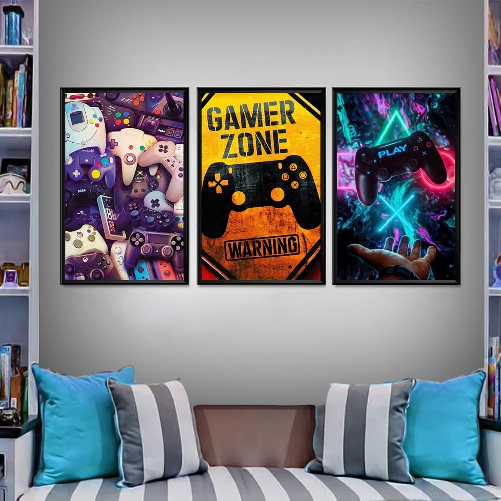 Kit 3 Quadros Decorativos Quarto Gamer Jogos Video Games Geek Nerd Moldura Grande Setup Joystick