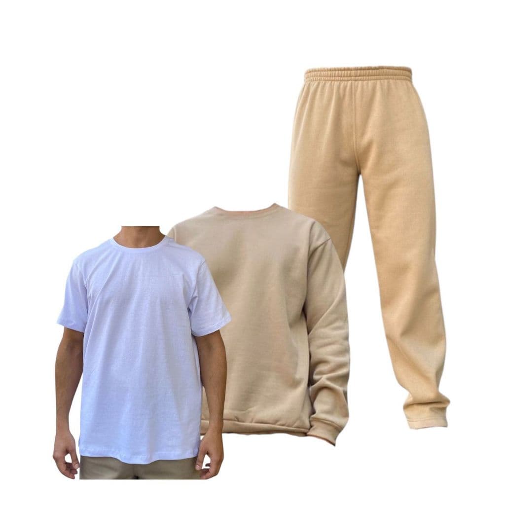 Kit Jumbo Padrão CDP Detento Preso 1 Camiseta Branca Algodão + 1 Blusa Moletom + 1 Calça Moletom Caqui/Bege