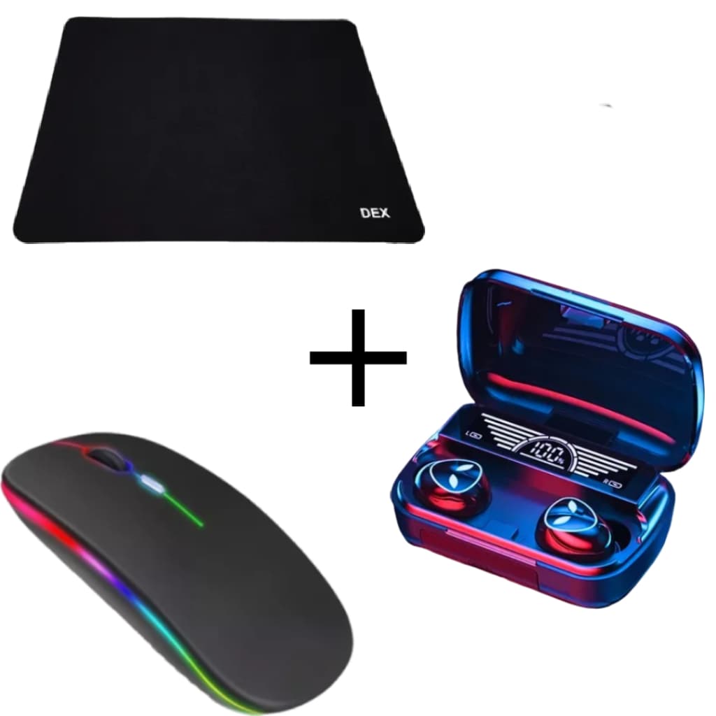 Kit Mouse Sem Fio Recarregável Rgb Ergonômico Mouse Pad Dex e Fone Ouvido Bluetooth TWS M20 Preto