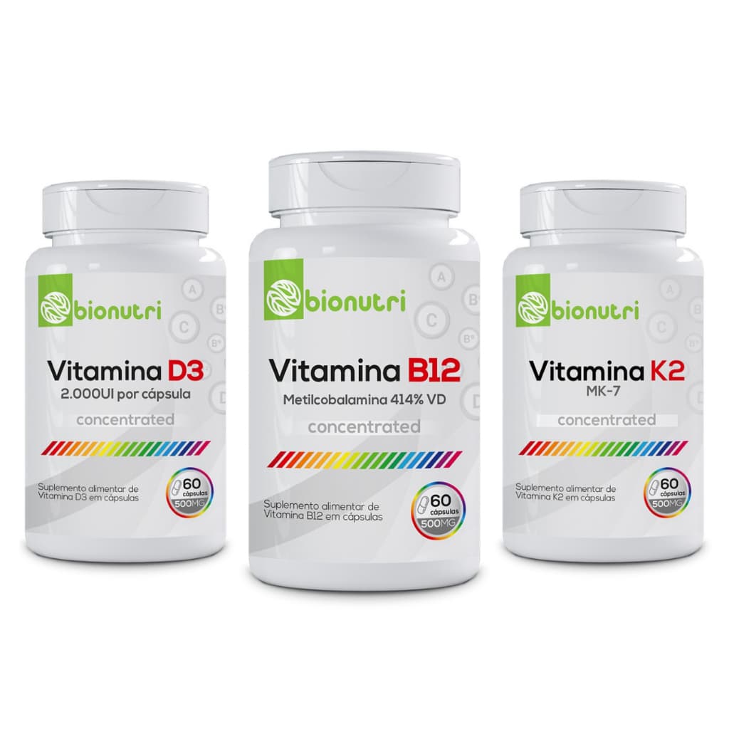 Kit Vitamina B12 + Vitamind D3 2.000ui + Vitamina K2 MK7 60 Capsulas - Bionutri