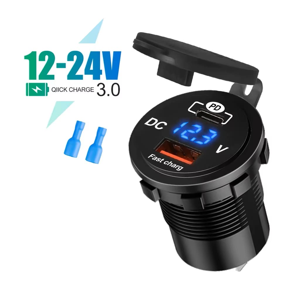 Carregador USB veicular Carro Barco Aeronave Turbo QC 3.0 60W Voltímetro e USB-C Para 12V/24V