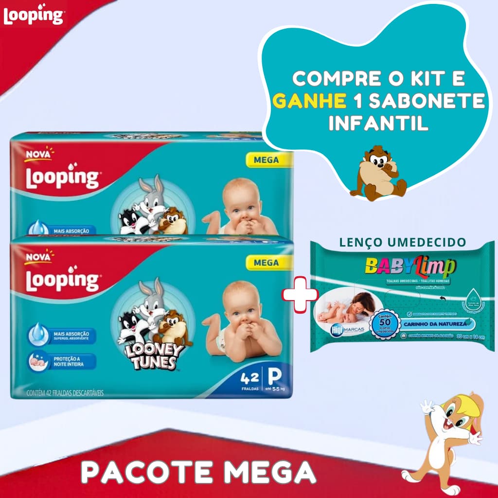Kit 2 Pacotão Mega Fralda Looney Tunes + Sabonete + Lenço Umedecido Infantil