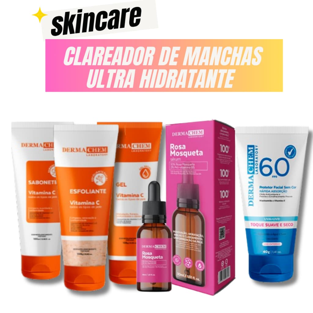 Skincare Vitamina c Anti idade Dermachem + Sérum Rosa Mosqueta Dermachem + Protetor Solar 60FPS