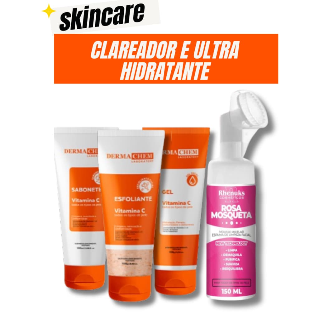 Skincare Vitamina C  Anti idade Dermachem + Mousse Limpeza Facial Rhenuks Rosa Mosqueta Dermachem