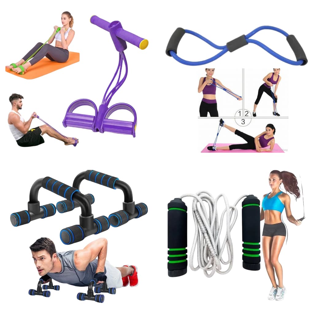 kit Treino Musculação Corda + Kit elástico 11 peças + Barra Flexão De Chão + Elástico Extensor de Pé