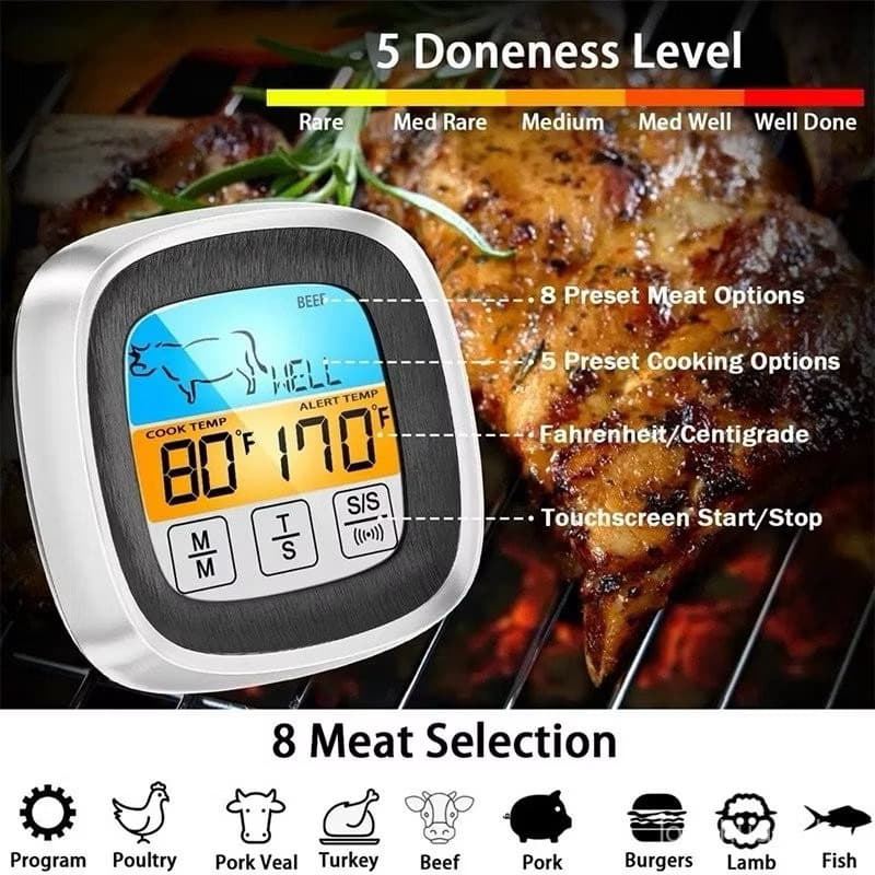 Termômetro Digital de Cozinha com tela , Termômetro de Churrasco em Aço Inoxidável com Sensor de Sonda, com tela