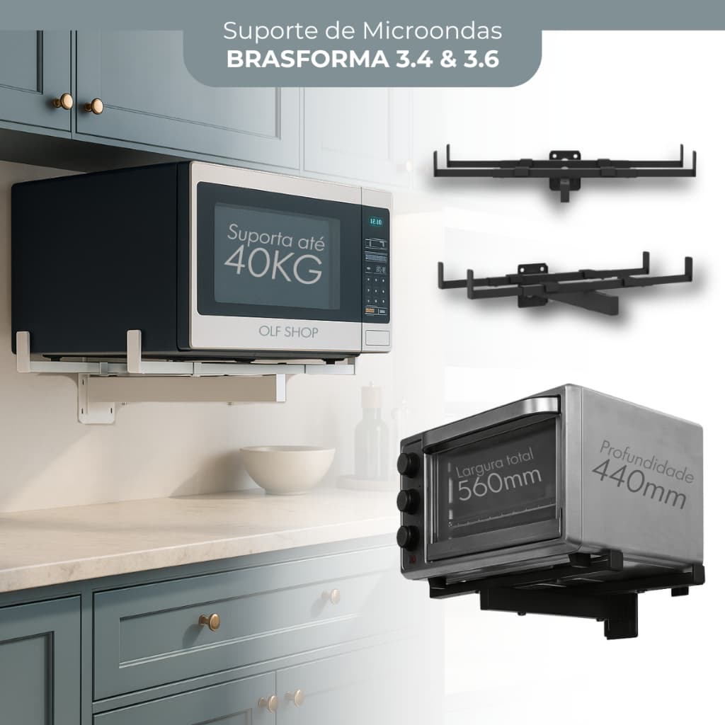Suporte Microondas Forno Elétrico Universal De Parede Suporta Até 40KG Branco Ou Preto Ajustável