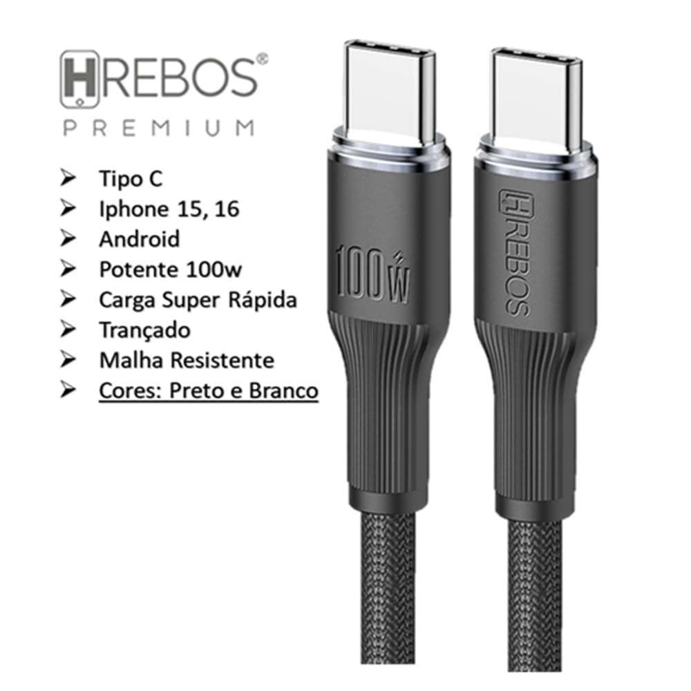 Cabo Trançado Tipo C 100W Android iPhone 15 16 Pro Max Notebook Tablet Carga Rápida Turbo 1m 2m 3m