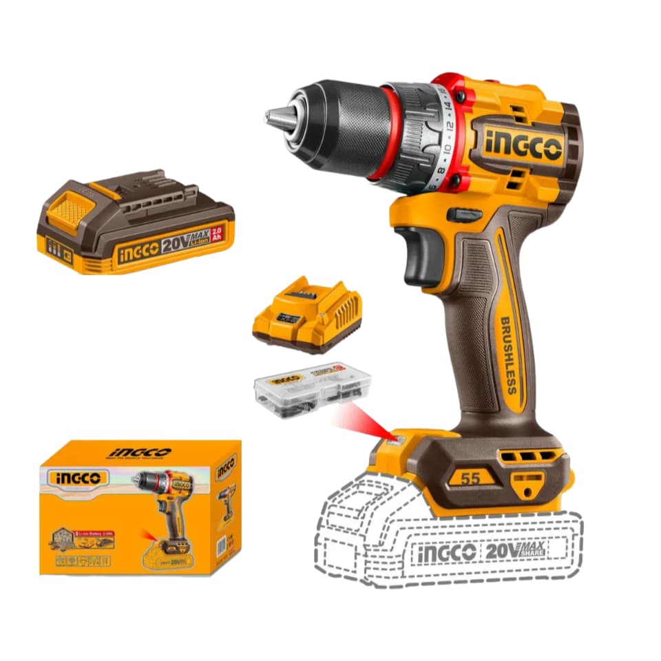 Parafusadeira e Furadeira 20V Ingco Sem Fio Brushless 55Nm Com Bateria e Carregador Bivolt