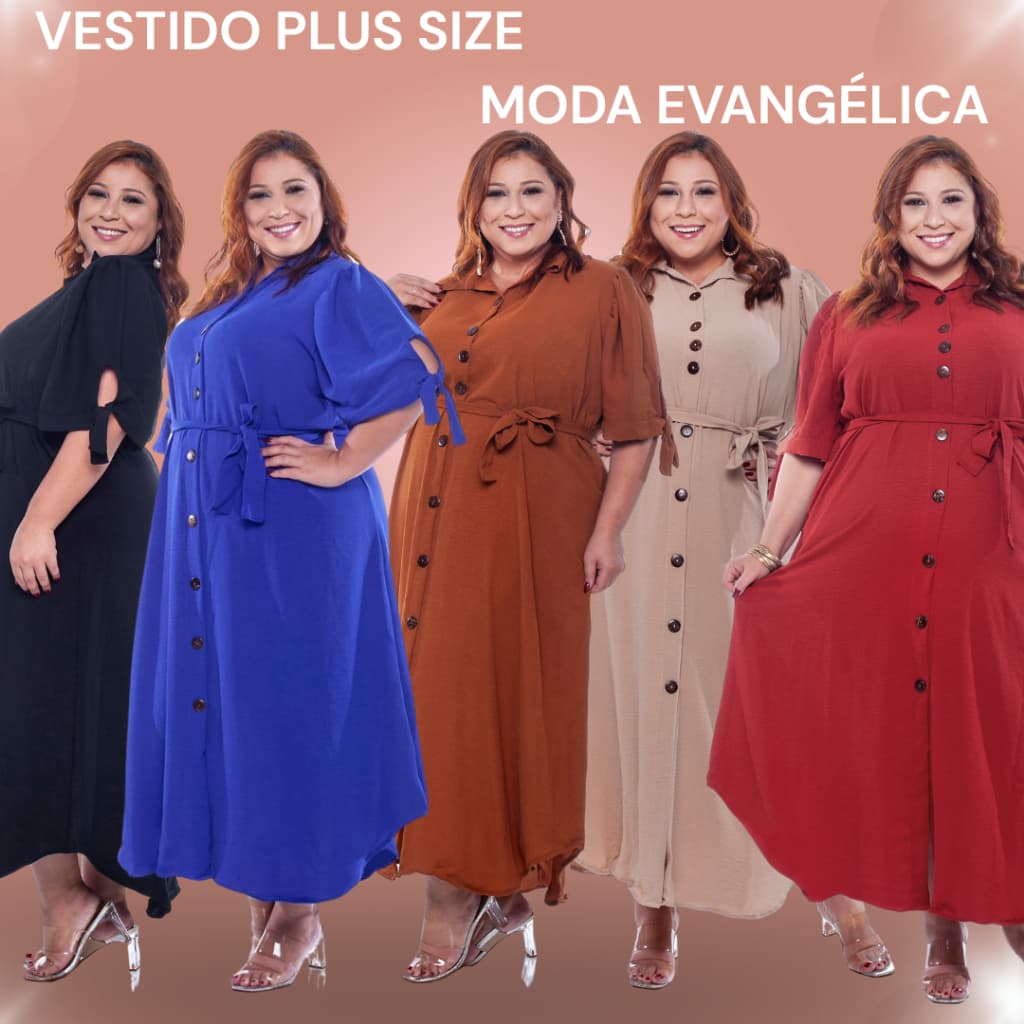 Vestido Longo Plus Size com Botões, Faixa e Mangas Laço | Look Sofisticado para Todas as Horas
