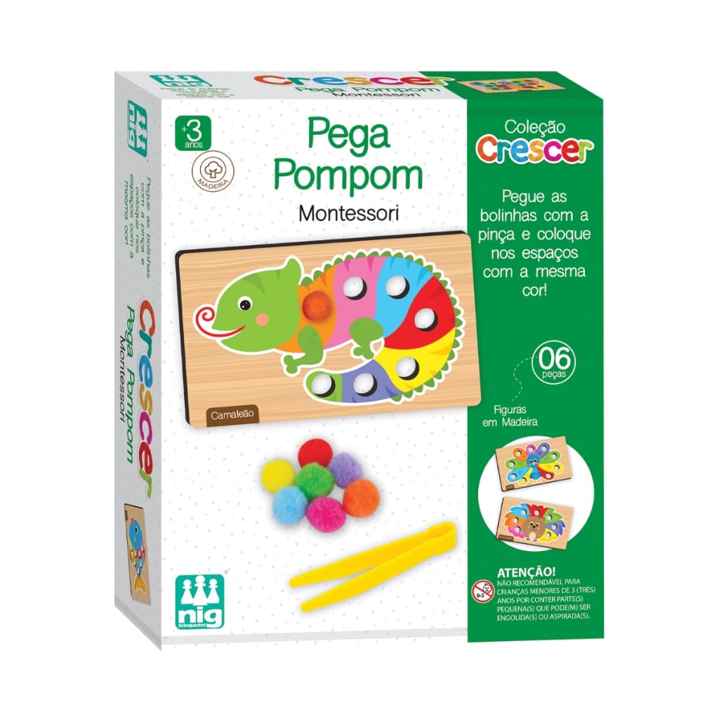 Brinquedo Educativo Pega Pompom – Crescer Nig Brinquedos | Coordenação Motora, Pinça, Cores e Concentração – Madeira