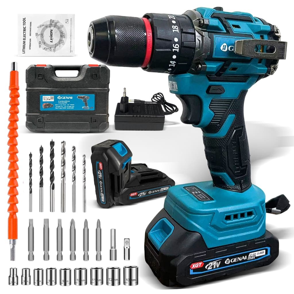 【GENAl】Brushless Parafusadeira Furadeira 21V 2 Baterias Com Maleta Completo 70N.m/45N.m