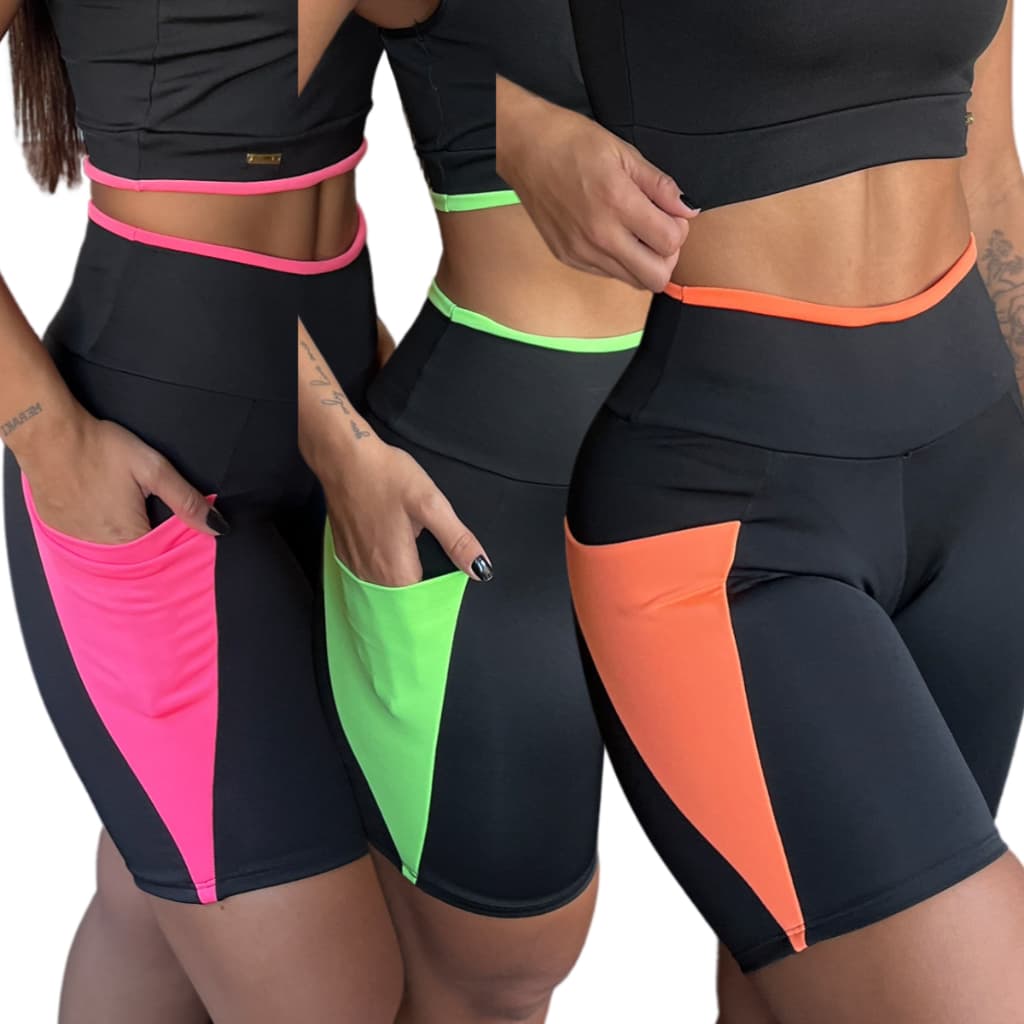 Kit 3 Short Academia Bermuda Fitness Feminina Com Bolso Legging para Malhar Corrida Roupa de Treino Feminino Liso Neon