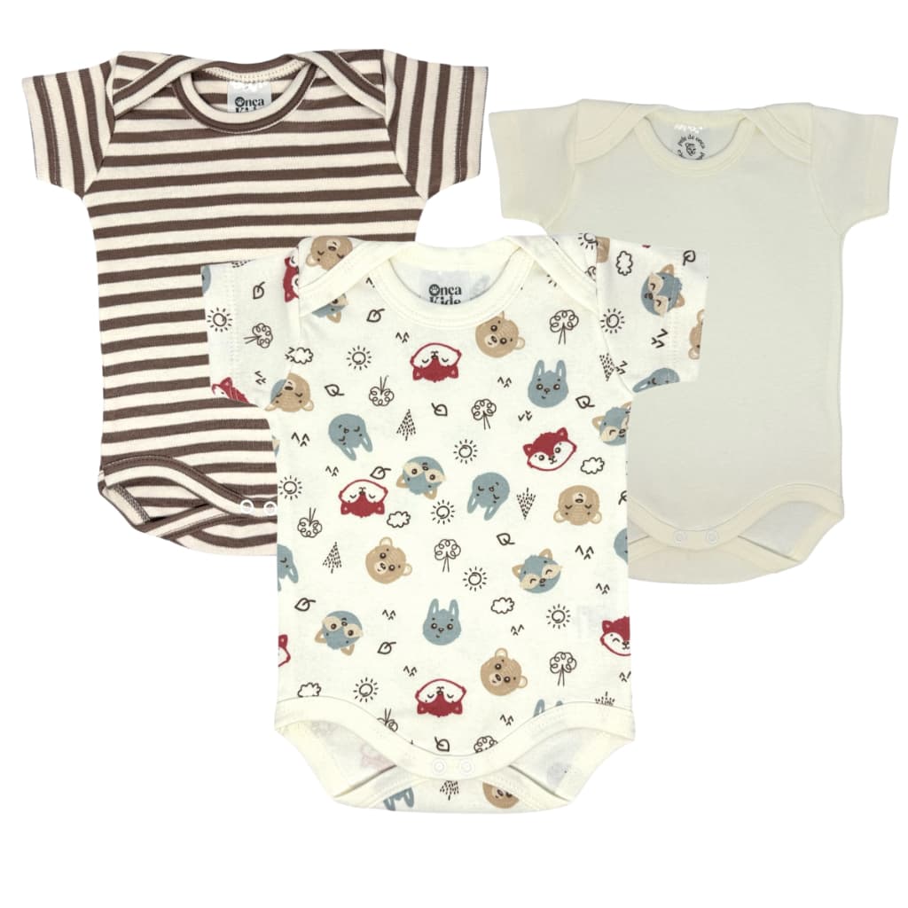 Kit Body Bebê Estampado Ursinho 100% Algodão Premium Mesversário Maternidade Enxoval