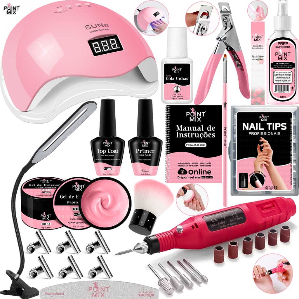 Kit Unhas Gel Completo Cabine Sun 5 48W Lixadeira Caneta Pedicure e Manicure Alongamento Extensão Porcelana Acrigel Nail