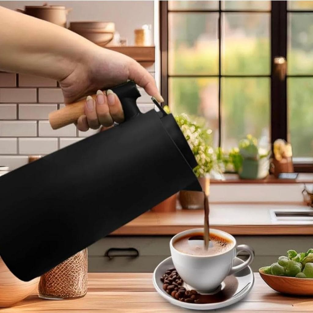 Garrafa Térmica Termometro Digital 1L Café/Chá/Água Com Cabo em Madeira e Painel de Led Digital