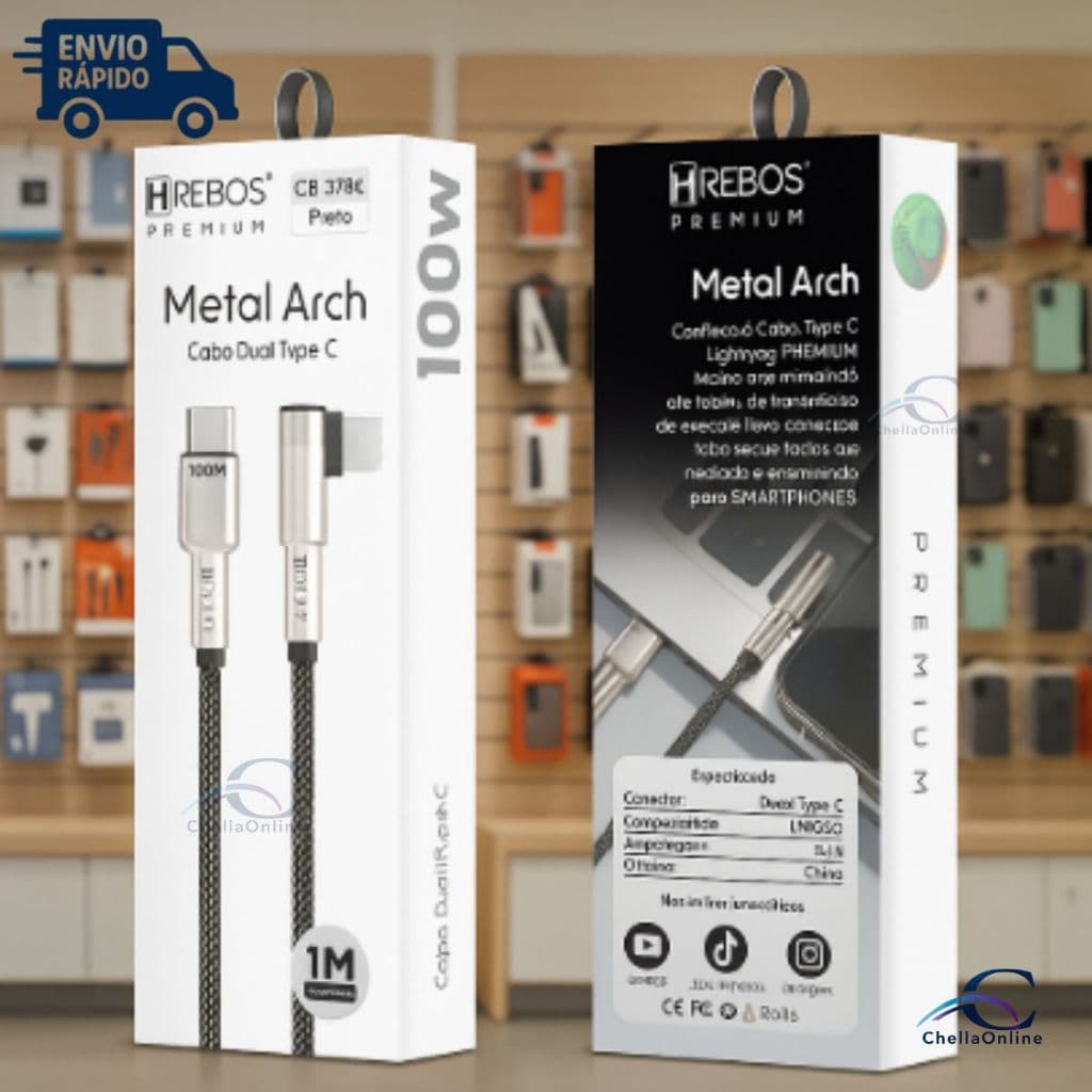 Cabo Premium Turbo Tipo-C Hrebos Metal Arch 90º | Android, Iphone, Tablet, Notebooks 100W