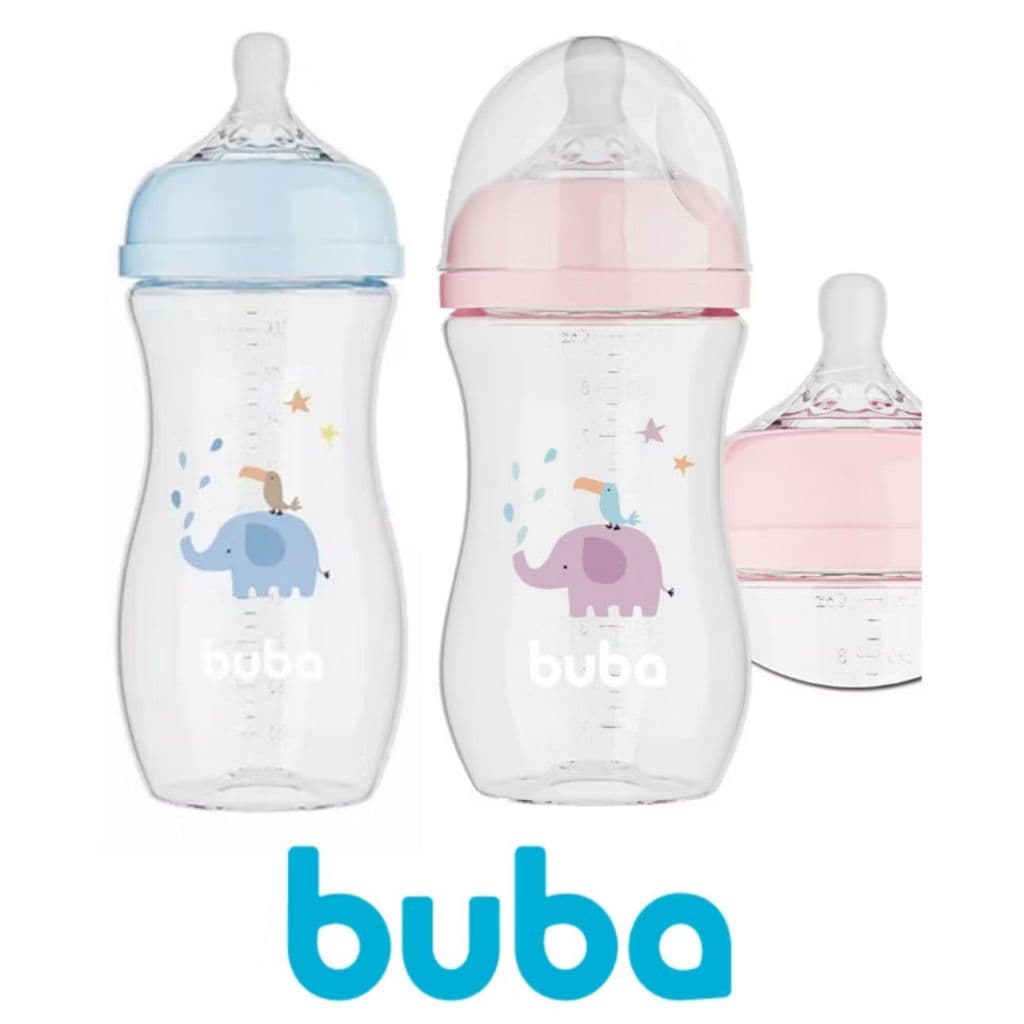 Mamadeira Buba Anticólica Bico Silicone Antivazamento Bebê 330 ML Menino Menina Elefante Nuvem Azul Rosa Branca